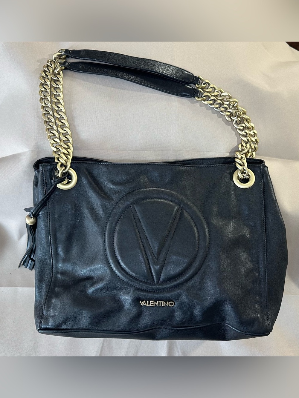 Valentino by Mario Valentino Verra Leather Chain Tote Shoulder Bag Black